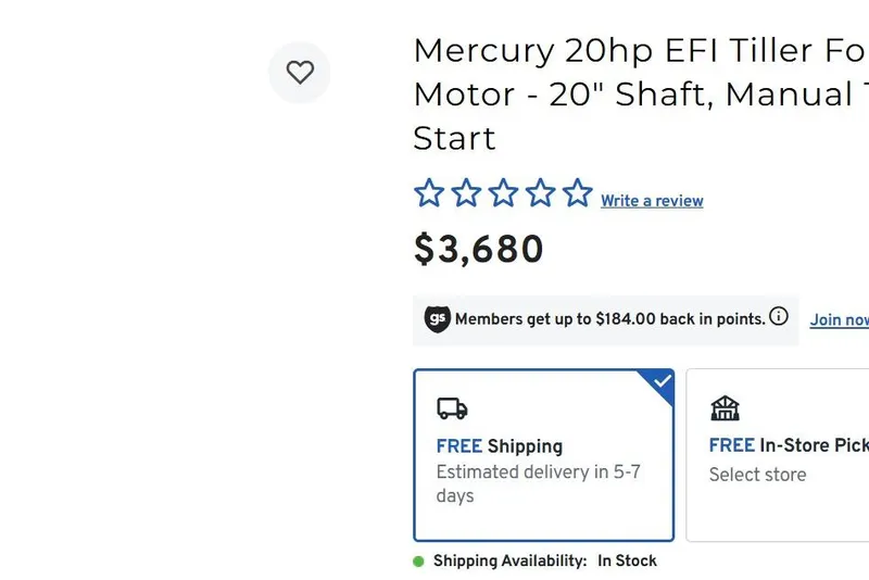 Slide: The Image of Mercury 20hp EFI Tiller Motor, priced at $3,680, with free shipping and in-store pickup options. - 9