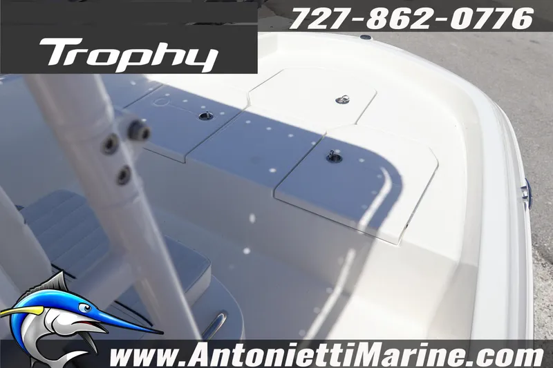 Slide: The Image of 2026 Bayliner Trophy T18 boat deck with storage compartments, contact Antonietti Marine. - 9