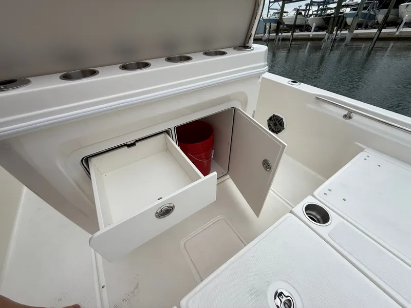 Slide: The Image of Boston Whaler 250 Dauntless 2026, open storage compartment with red bucket. - 18