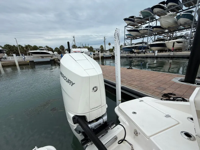 Slide: The Image of Boston Whaler 250 Dauntless 2026 at dock with Mercury engine. - 23
