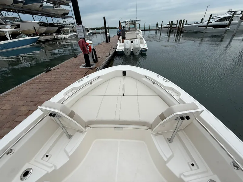 Slide: The Image of Boston Whaler 250 Dauntless 2026 at dock, interior view of boat. - 5