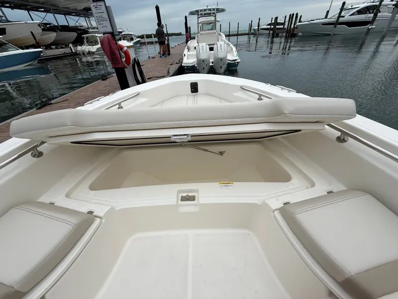 Slide: The Image of Boston Whaler 250 Dauntless 2026 at dock with open seating area. - 6