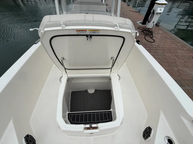 Slide: The Image of Boston Whaler 250 Dauntless 2026 with open storage compartment at dock. - 8