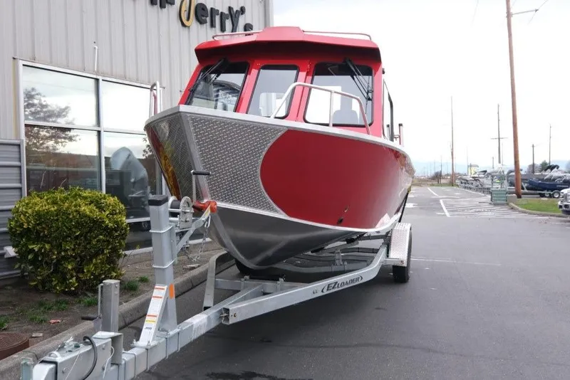 Slide: The Image of 2026 Hewescraft 240 Ocean Pro ET Hardtop boat on trailer, red exterior. - 3