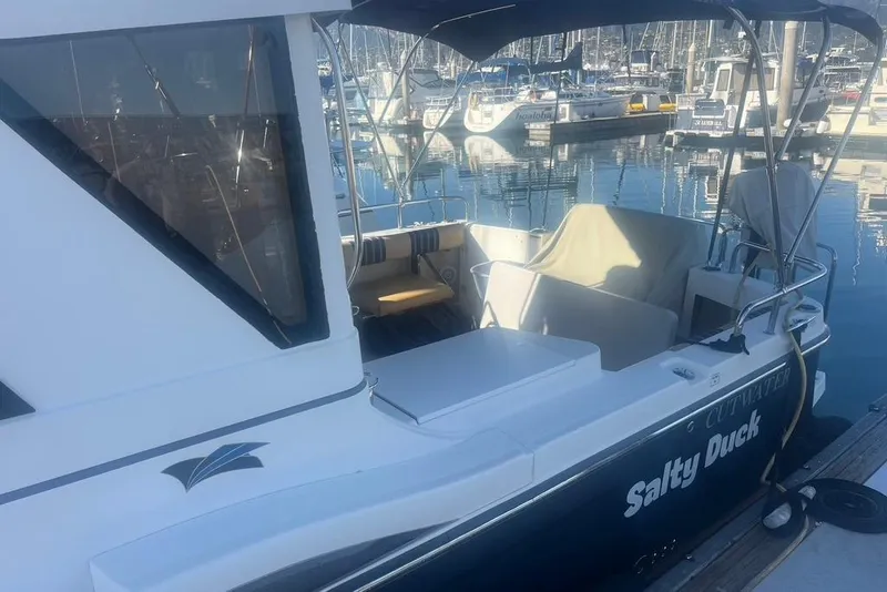 Slide: The Image of 2013 Cutwater C-28 boat named "Salty Duck" docked at a marina. - 33