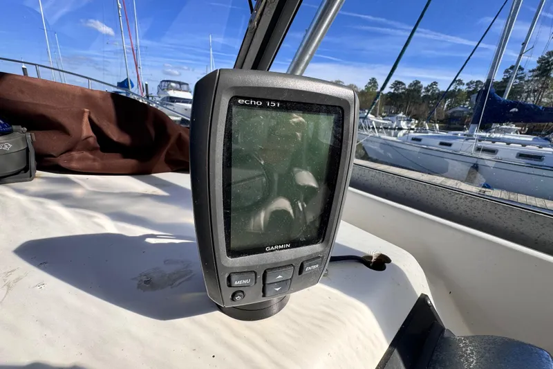 Slide: The Image of Garmin Echo 151 fishfinder on 1987 Luhrs Alura 30 boat, docked in marina. - 44