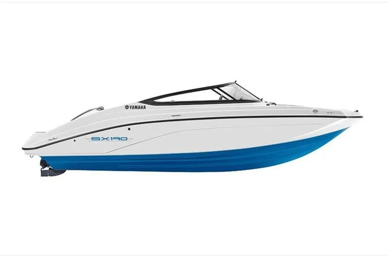 The Image of 2026 Yamaha Boats SX190, sleek white and blue design, side view. - 0