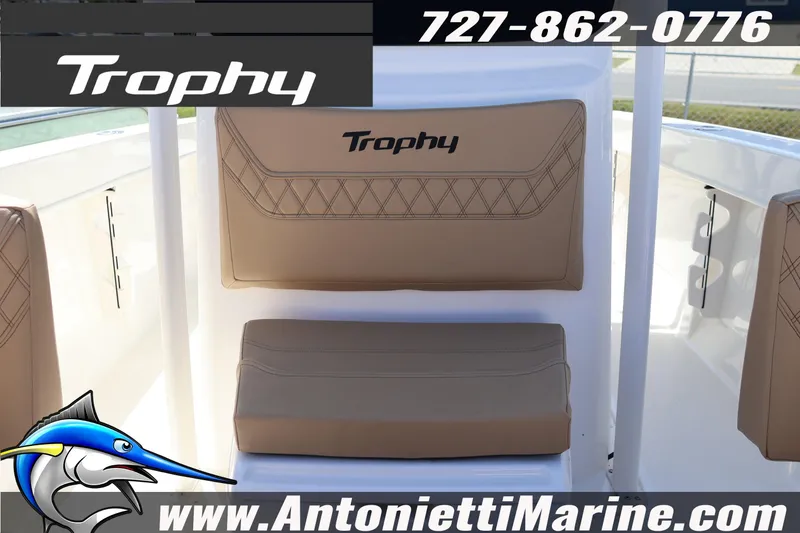 Slide: The Image of 2026 Bayliner Trophy T20CC boat seating with logo, contact number, and website details. - 12