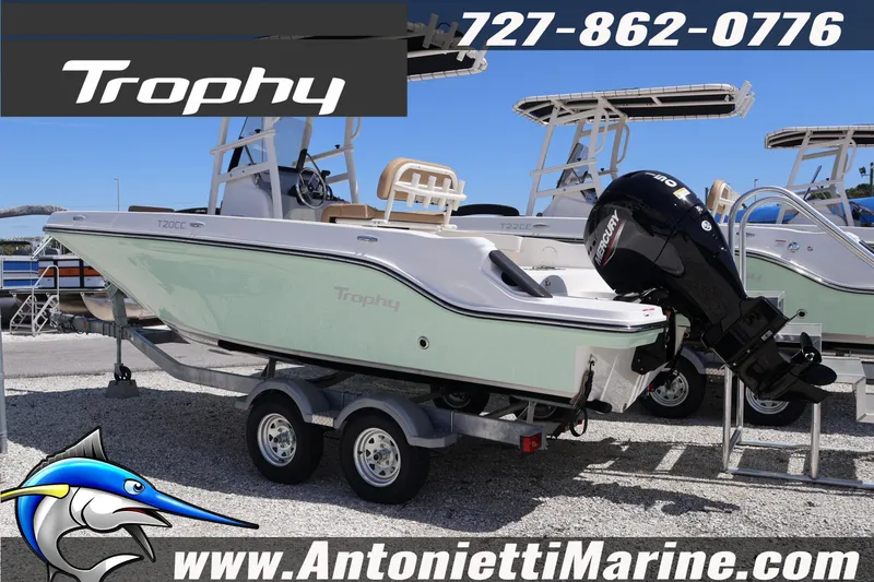 Slide: The Image of 2026 Bayliner Trophy T20CC boat on trailer at Antonietti Marine dealership. - 3