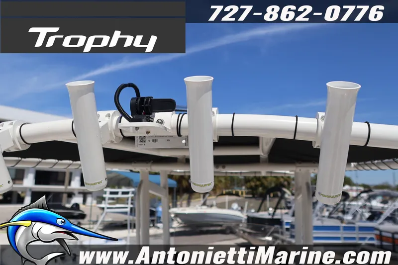 Slide: The Image of 2026 Bayliner Trophy T20CC boat with rod holders, displayed at Antonietti Marine. - 7