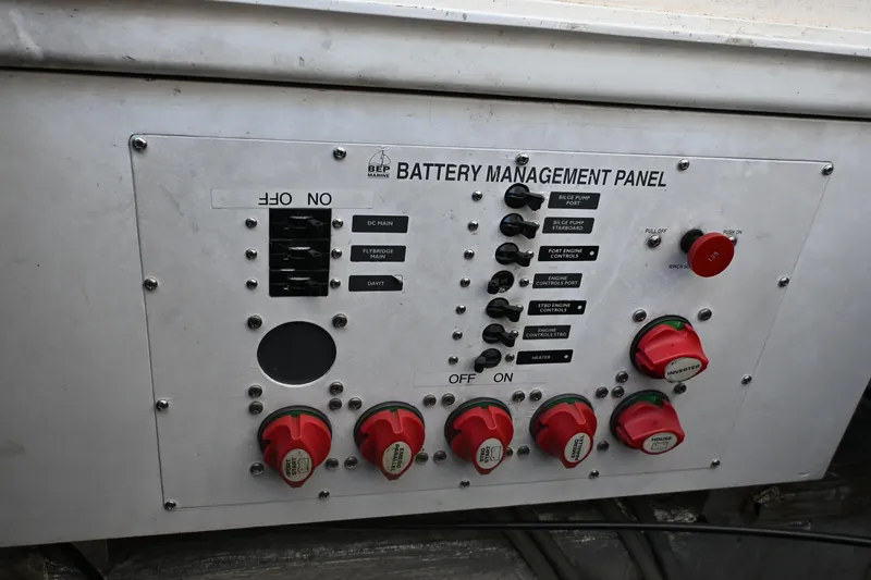 Slide: The Image of Battery management panel on 2002 Roger Hill Power Cat boat. - 123