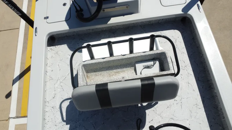 Slide: The Image of 2024 Majek 21RFL boat deck with seat and fishing rod holders. - 31