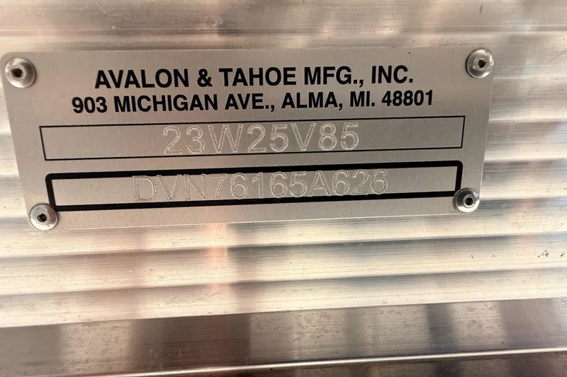 Slide: The Image of Metal identification plate for Avalon 2585 Venture 85 VRB, Tri Toon, High Performance, 2026 model. - 24
