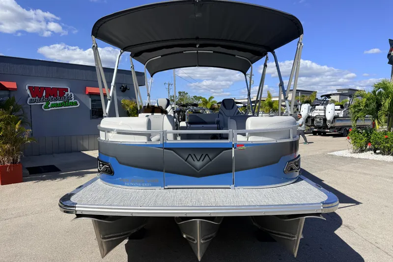 Slide: The Image of 2026 Avalon 2585 Venture 85 VRB Tri Toon boat at dealership, featuring high performance design. - 4