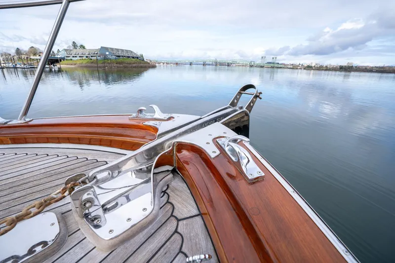 Slide: The Image of Bow of 1965 De Vries Lentsch 64 Motoryacht with polished wood and metal details. - 62