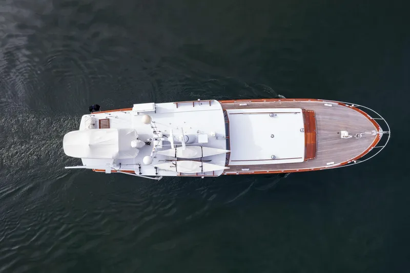 Slide: The Image of Aerial view of 1965 De Vries Lentsch 64 Motoryacht cruising on water. - 97
