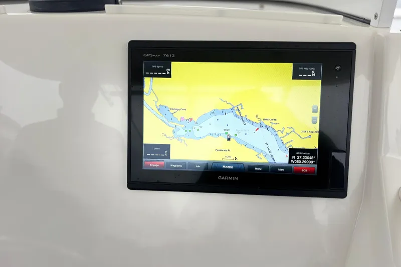 Slide: The Image of Garmin GPS display on 2017 Regulator 28 boat, showing navigational map. - 32