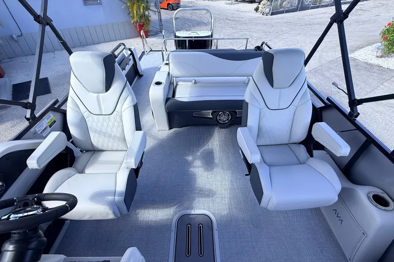 Slide: The Image of 2026 Avalon 2385 LSZ Versatile Rear Bench boat interior with luxurious seating and modern design. - 19