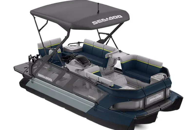 Slide: The Image of 2026 Sea-Doo Switch Cruise Limited 18 pontoon boat with canopy and spacious seating. - 4
