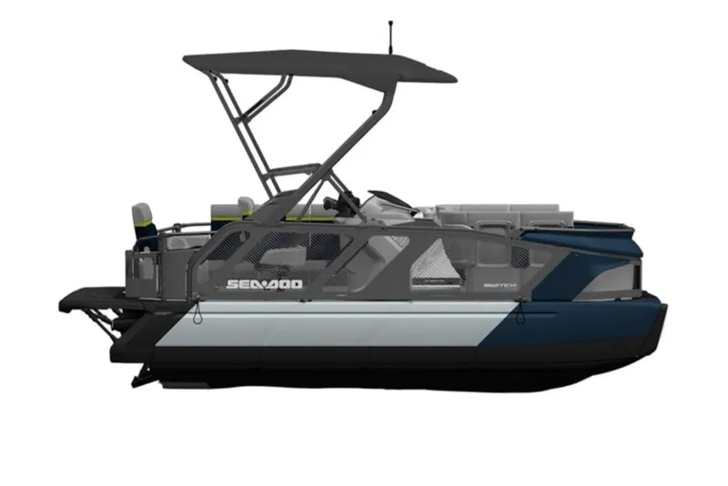 Slide: The Image of 2026 Sea-Doo Switch Cruise Limited 18 pontoon boat, side view, sleek design. - 5