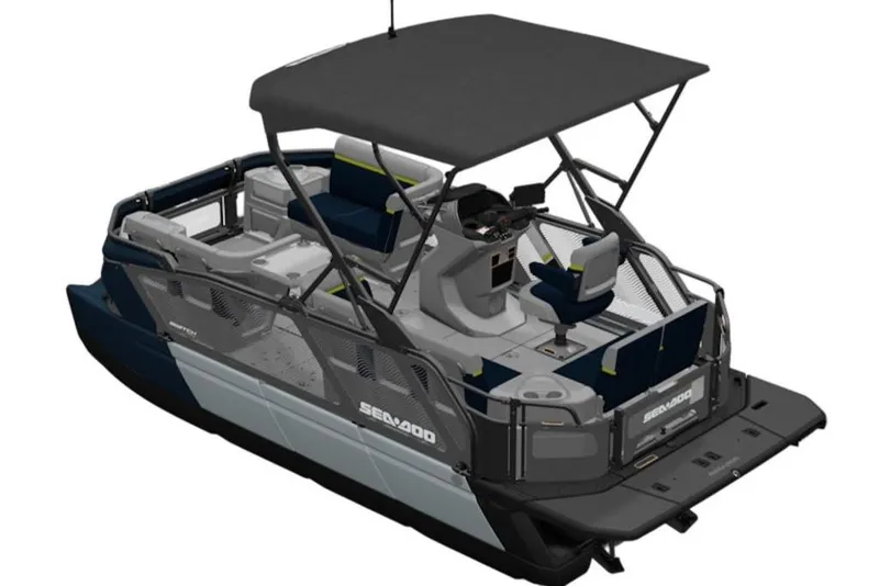 Slide: The Image of 2026 Sea-Doo Switch Cruise Limited 18 pontoon boat with canopy and seating. - 39