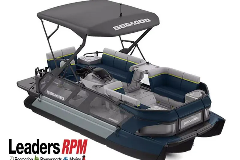 Slide: The Image of 2026 Sea-Doo Switch Cruise Limited 18 pontoon boat with canopy and seating, Leaders RPM logo. - 33