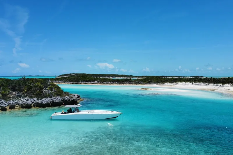 The Image of Speedboat in turquoise waters near a tropical island, clear blue sky above. - 1