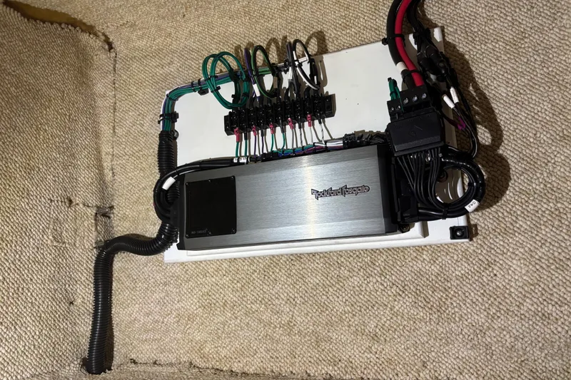 Slide: The Image of Audio amplifier setup with wiring on beige carpet, Don Smith model 45, 2008. - 14