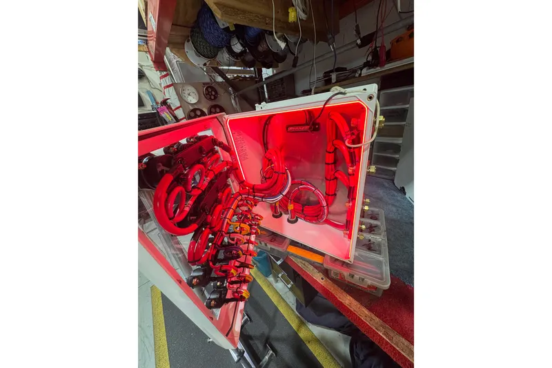 Slide: The Image of Red-lit electrical panel with cables and components, Don Smith model 45, 2008. - 16