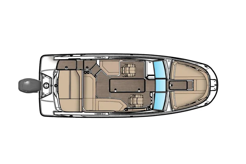 Slide: The Image of 2024 Sea Ray SPX 230 Outboard interior with tan seating and sleek design. - 13