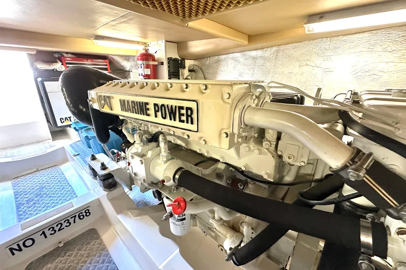 Slide: The Image of Engine room of 2007 Maritimo 52 yacht featuring CAT Marine Power engine. - 45