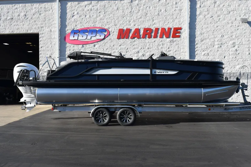 The Image of 2026 Evotti 723QL pontoon boat on trailer at GSPS Marine dealership. - 1