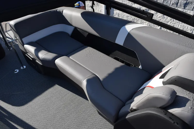 Slide: The Image of Luxurious seating on 2026 Evotti 723QL boat, featuring sleek gray upholstery. - 13