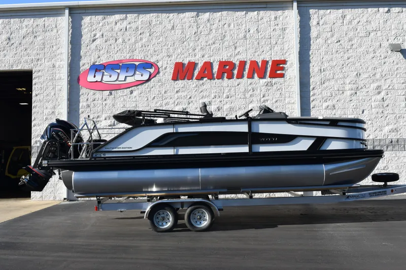 The Image of 2026 Evotti 721CS pontoon boat on trailer at GSPS Marine dealership. - 1