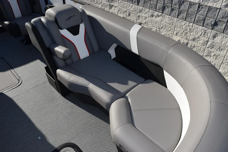 Slide: The Image of 2026 Evotti 721CS boat interior with sleek gray seating and modern design. - 11