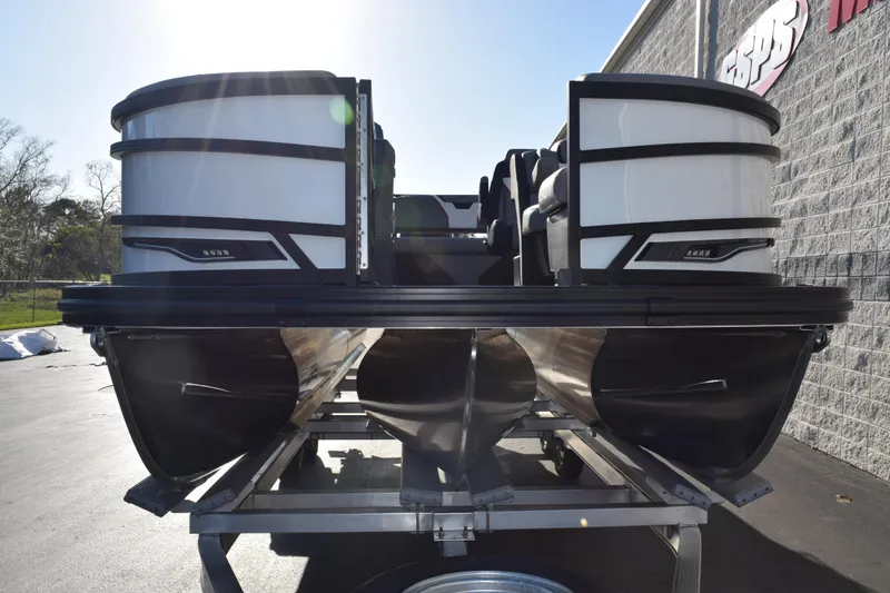 Slide: The Image of 2026 Evotti 721CS pontoon boat on trailer, showcasing sleek design and modern features. - 3