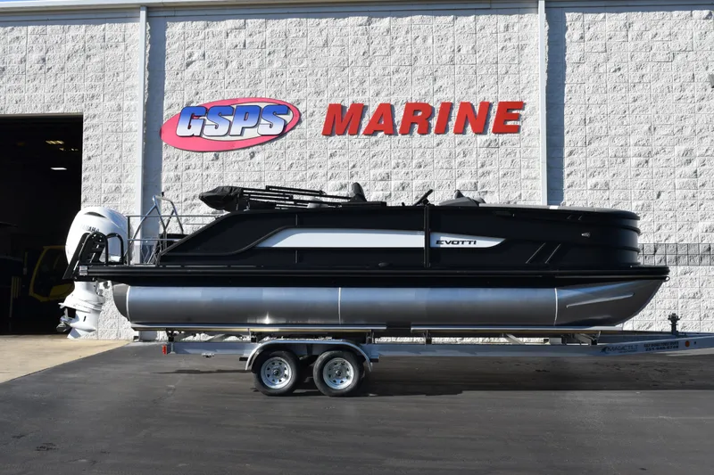 The Image of 2026 Evotti 521CS pontoon boat on trailer at GSPS Marine dealership. - 1