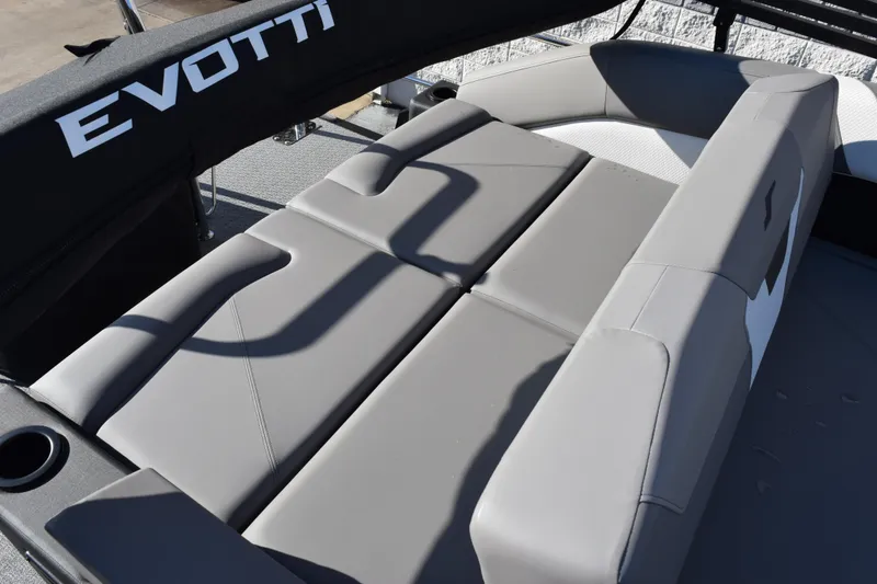 Slide: The Image of Luxurious seating on 2026 Evotti 521CS boat, featuring sleek gray upholstery. - 15