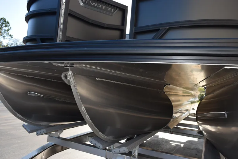 Slide: The Image of Underneath view of 2026 Evotti 521CS pontoon boat, showcasing sleek aluminum hull design. - 7