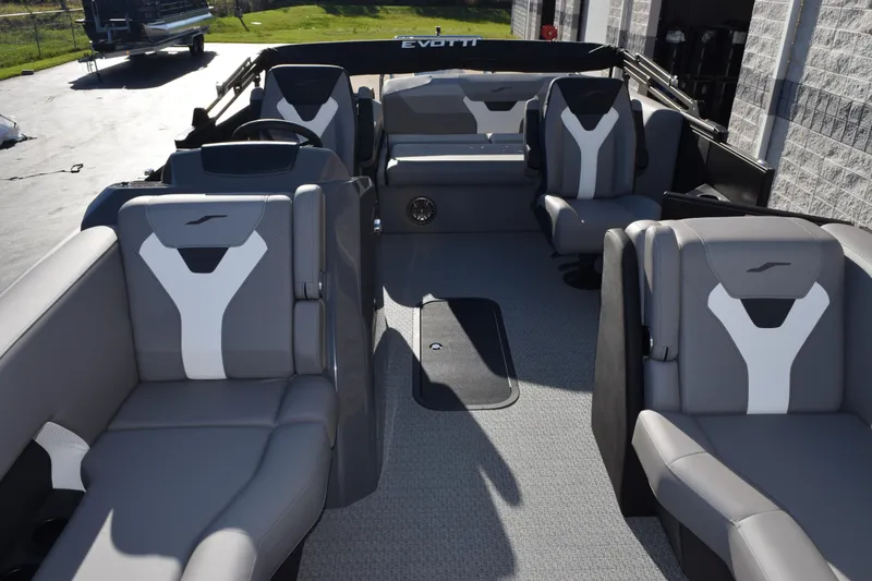 Slide: The Image of 2026 Evotti 521CS boat interior with modern gray seating and sleek design. - 8