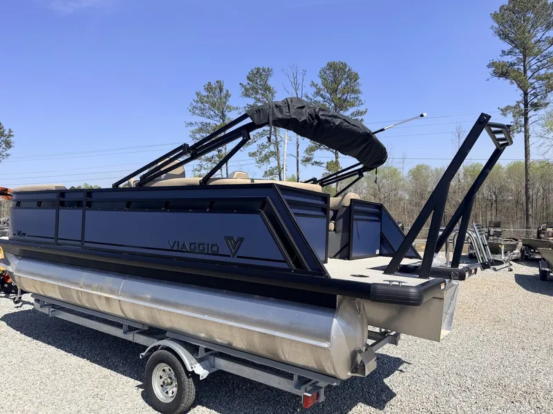 Slide: The Image of Viaggio Lago V 20 U-HONDA 115 pontoon boat, 2026 model, on trailer. - 3