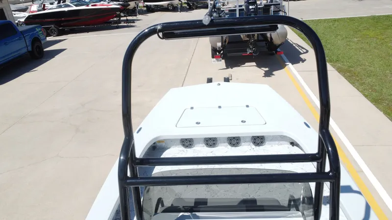Slide: The Image of Aerial view of a 2024 Majek 21RFL boat on a trailer. - 26