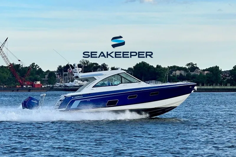 The Image of 2025 Formula 380 Super Sport Crossover OB cruising on water, Seakeeper logo above. - 0