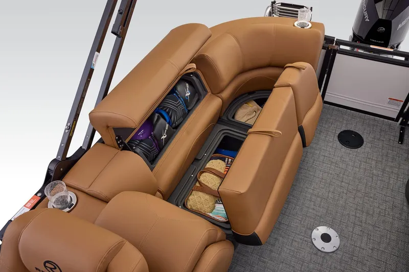 Slide: The Image of Luxurious tan seating in 2026 Regency 230 DL boat interior. - 34