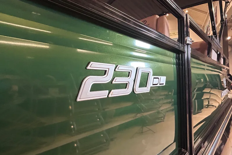 Slide: The Image of 2026 Regency 230 DL boat side view with green finish and model emblem. - 54