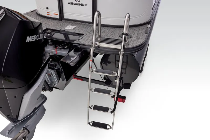 Slide: The Image of 2026 Regency 230 DL boat with Mercury engine and stainless steel boarding ladder. - 67