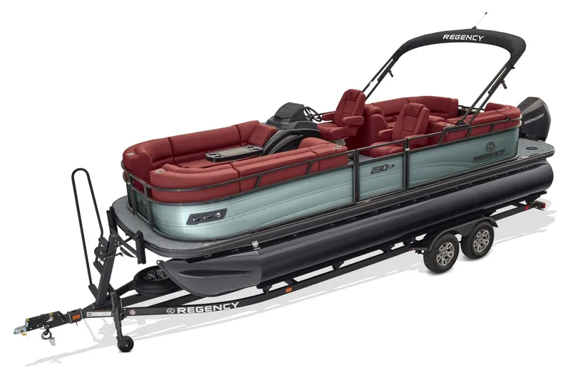 Slide: The Image of 2026 Regency 230 DL pontoon boat with red seating on a trailer. - 74