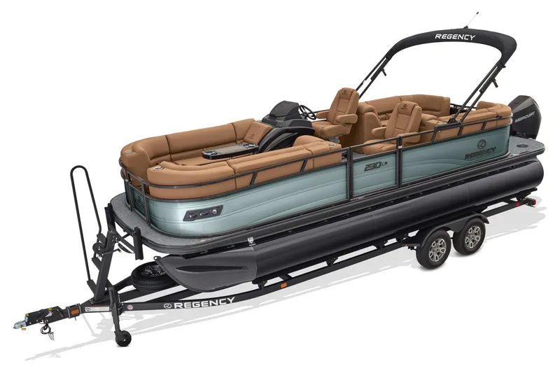 Slide: The Image of 2026 Regency 230 DL pontoon boat on trailer, featuring luxurious seating and sleek design. - 75
