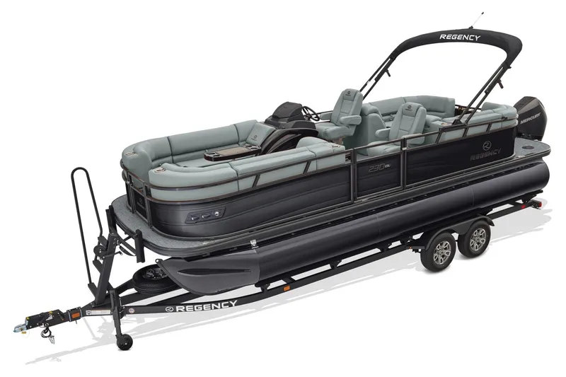 Slide: The Image of 2026 Regency 230 DL pontoon boat on trailer, featuring sleek design and comfortable seating. - 76
