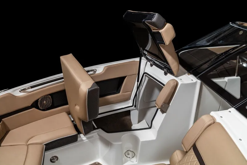 Slide: The Image of Manufacturer Provided Image: 2018 Sea Ray SLX 280 boat interior with tan leather seats and modern design. - 5